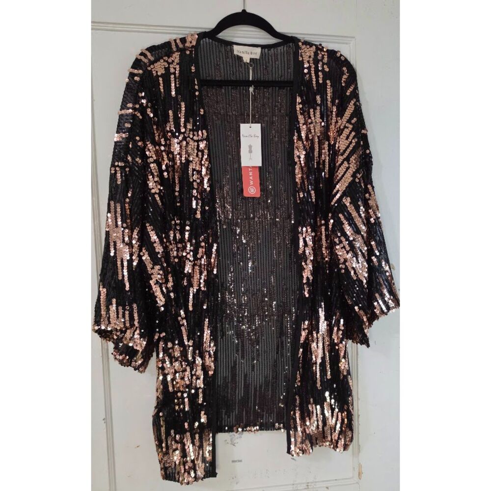 Vanilla Bay gold and black sequin kimono jacket L NWT